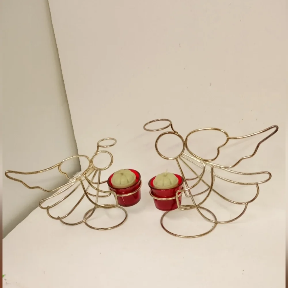 2 Angel Cherub Figurine Goldtone Wire Metal Tealight, Candles